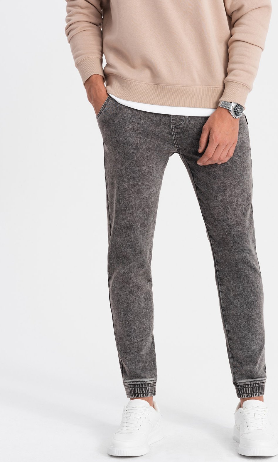 Ombre Spodnie męskie marmurkowe jeansowe JOGGERY - szare V3 OM-PADJ-0133 M