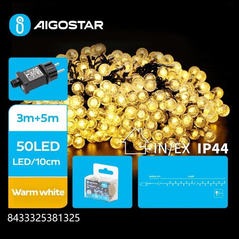 Lampki choinkowe Aigostar Niskonapięciowe przeźroczyste kulki 50led Ciepła biel 5m+3 Niskonapięciowe przeźroczyste kulki 50led Ciepła biel 5m+3