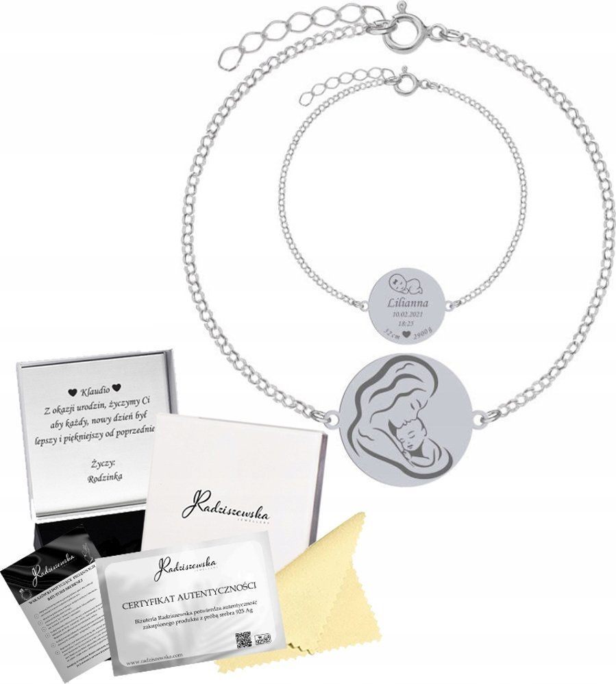 Radziszewska Jewellery Bransoletka Srebrna Metryczka Imię Dziecka 925 Prezent Biżuteria GRAWER