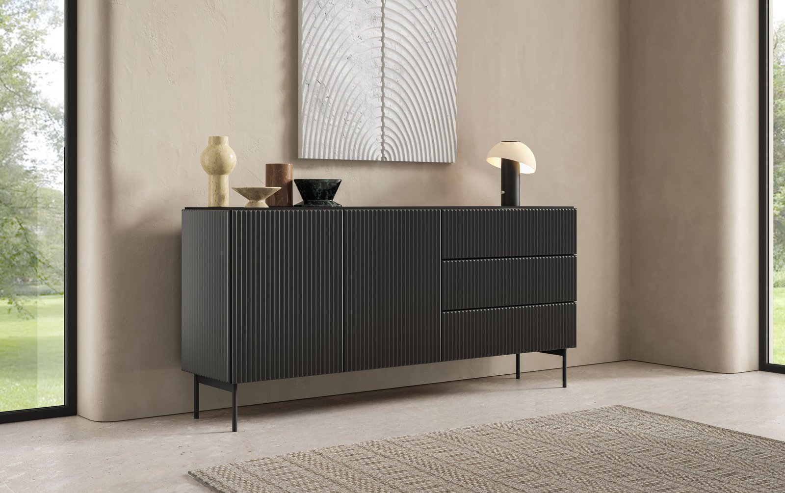 Ravio Komoda MUTI czarny 177 cm 3 szuflady frezowana push to open