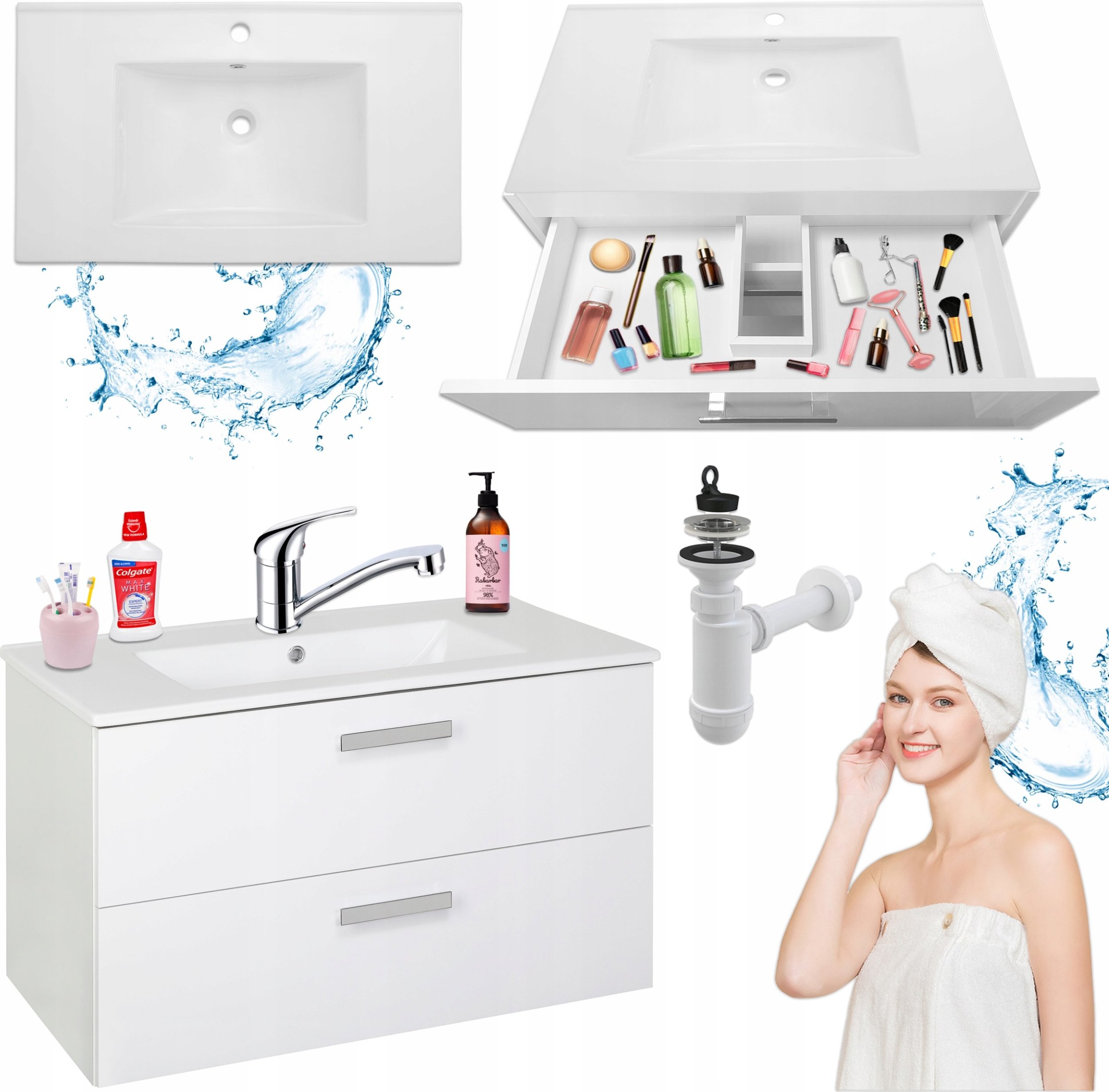 Stamar Biała Wisząca Szafka z Umywalką 80 + Bateria Obrotowa Chrom + Syfon Seni