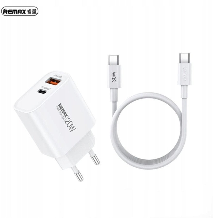 ŁAD SIEC REMAX CABLE SET 20W RP-U120 USB/USB-C + KABEL USB-C/USB-C WHITE