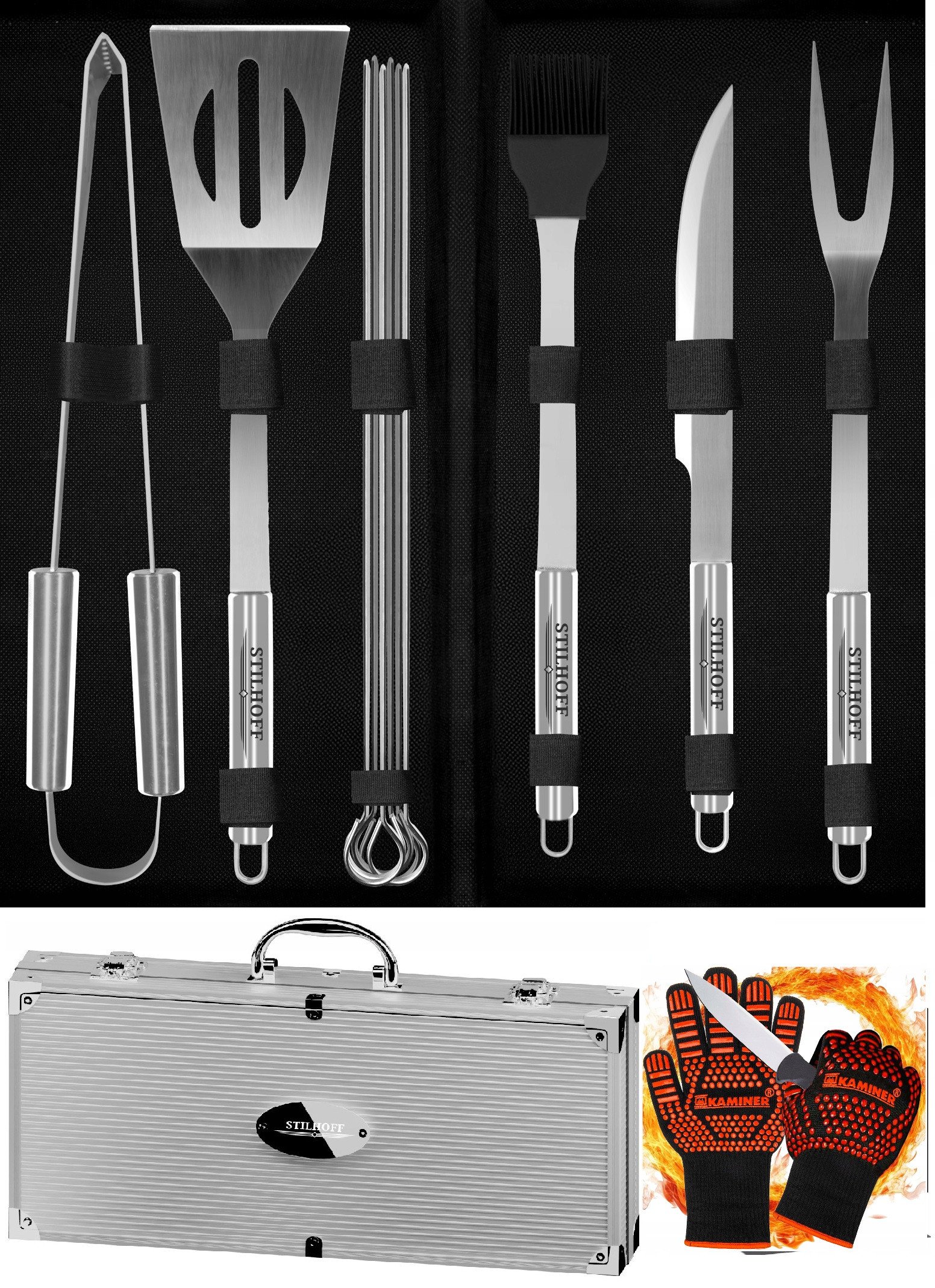 Zestaw akcesoria do GRILLA STILHOFF sztućce 11szt 9+walizka+rękawice