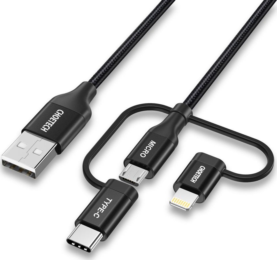 Kabel USB Choetech USB-A - USB-C + microUSB + Lightning 1.2 m Czarny (IP0030 BLACK)