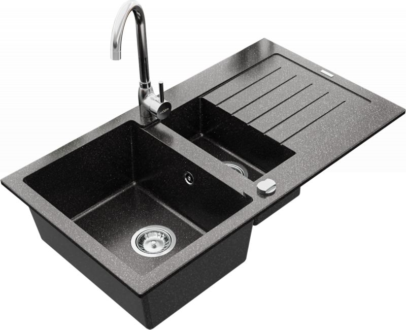 Zlewozmywak Mexen Matias granitowy 1,5-komorowy z ociekaczem i baterią kuchenną Telma, czarny nakrapiany - 6502-76-670200-00