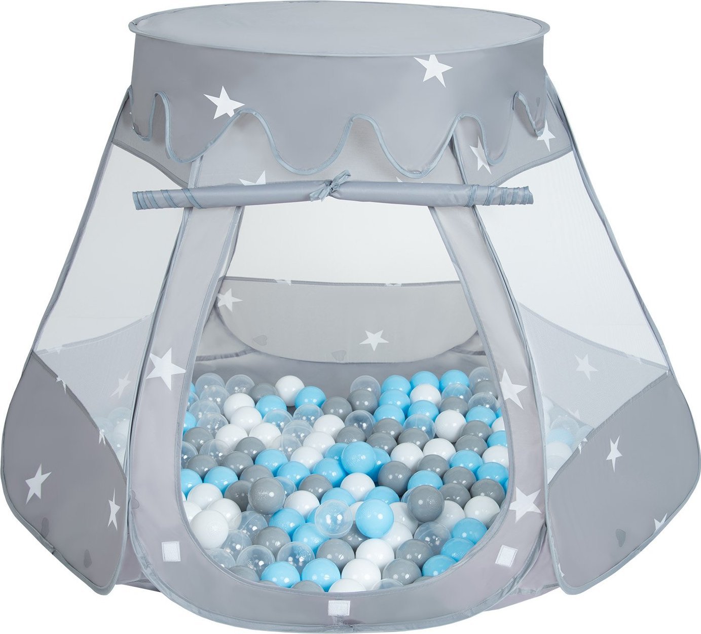 Selonis Selonis Namiot zamek NZ-100X z piłeczkami 6cm szary: szary-biały-transparent-babyblue 105x90cm/600piłek Zabawka namiot dla dzieci