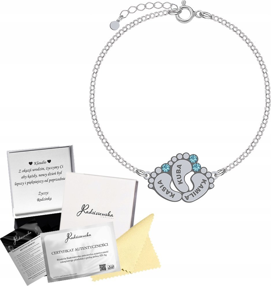 Radziszewska Jewellery Bransoletka Srebrna STÓPKI z GRAWEREM Łańcuszek Prezent Biżuteria 925