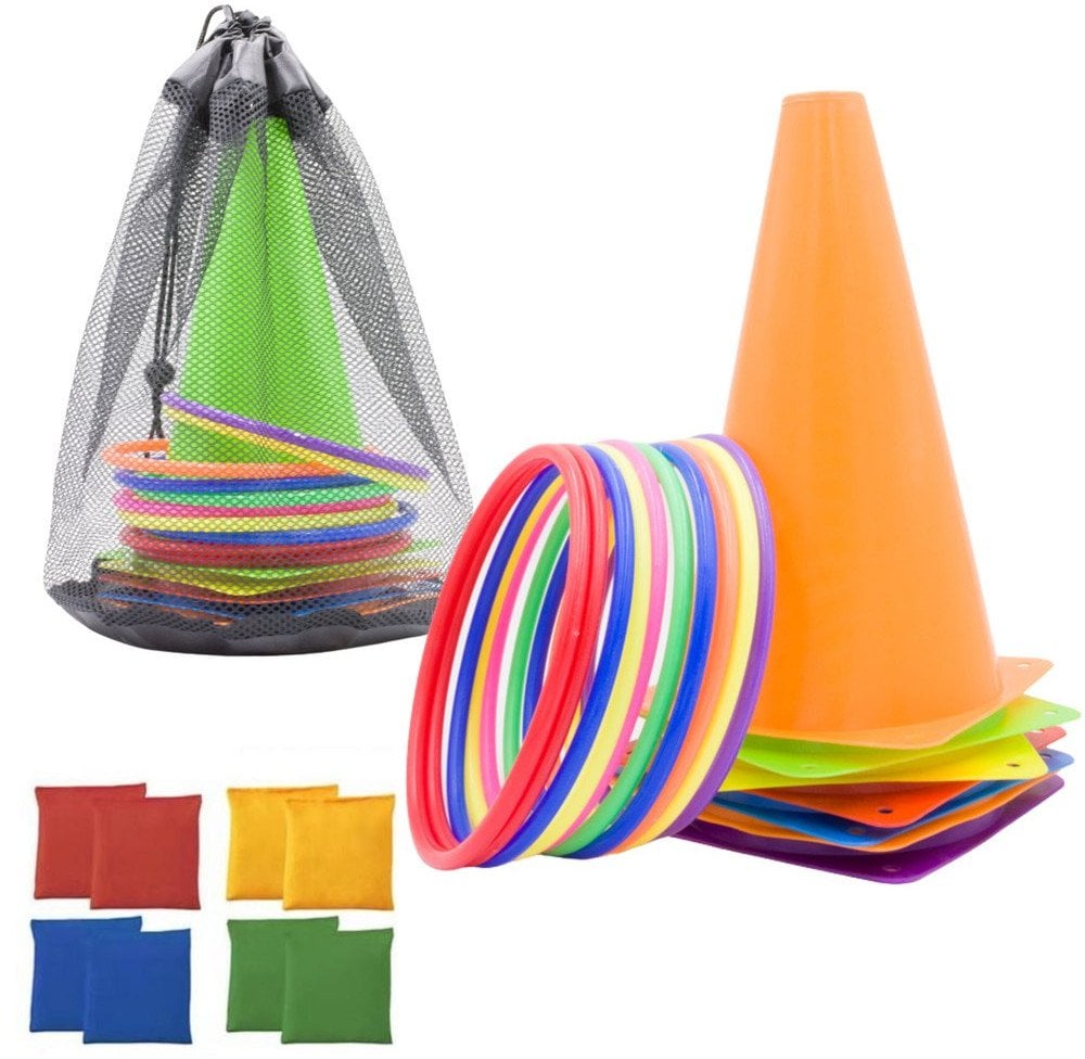 Zestaw Sportowy Do Gier Zręcznościowych Pachołki Obręcze Woreczki 29el LEAN