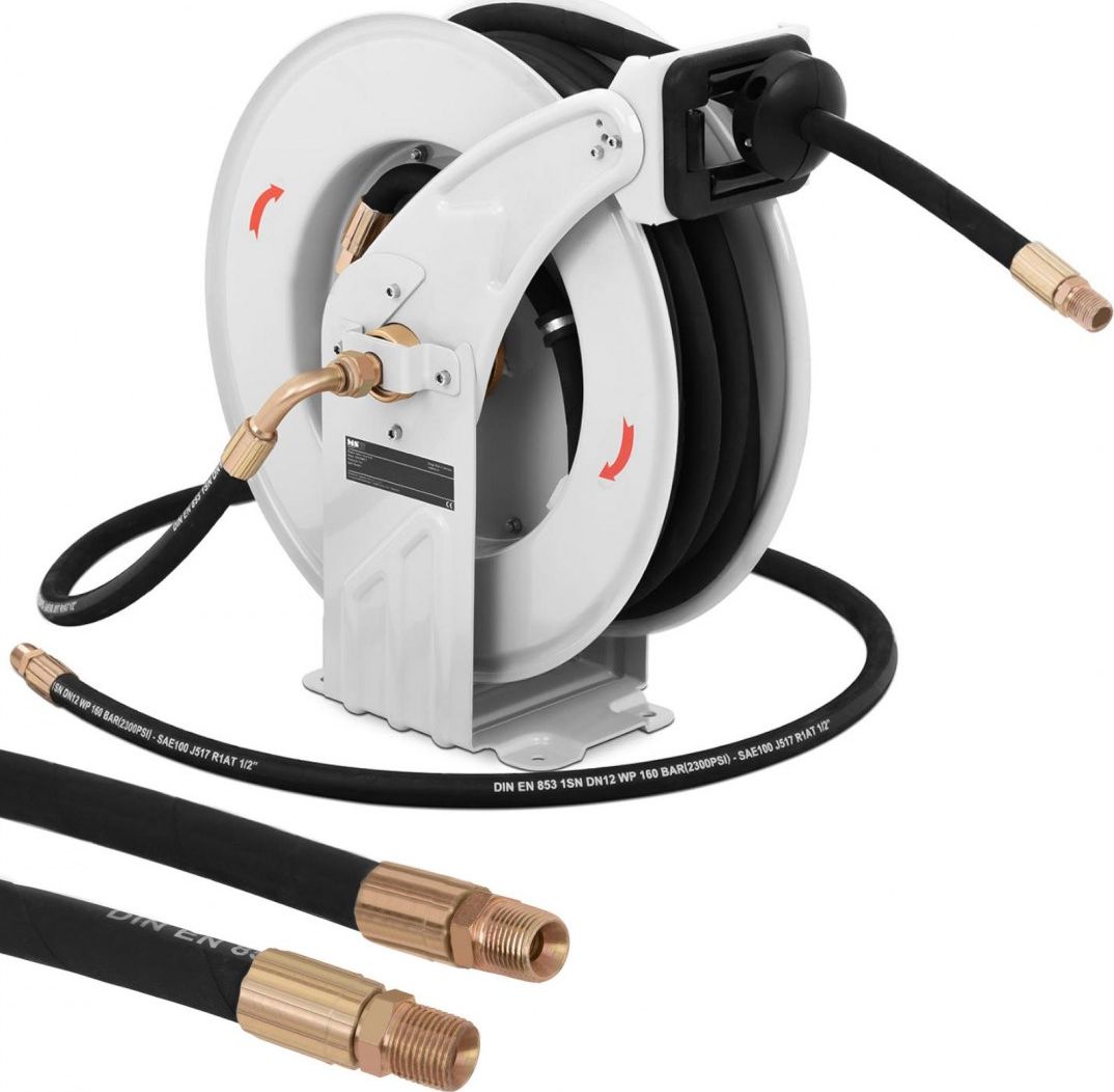 MSW Wąż przewód pneumatyczny ciśnieniowy gumowy zwijany na bębnie 160 bar 15 m + 2 m Wąż przewód pneumatyczny ciśnieniowy gumowy zwijany na bębnie 160