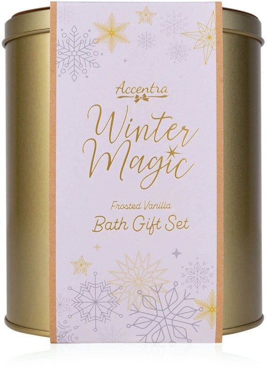 Kūno priežiūros dovanų rinkinys Accentra Winter Magic (60 ml dušo gelis, 60 ml kūno losjonas, 60 ml rankų ir nagų kremas, 100 g vonios bomba)