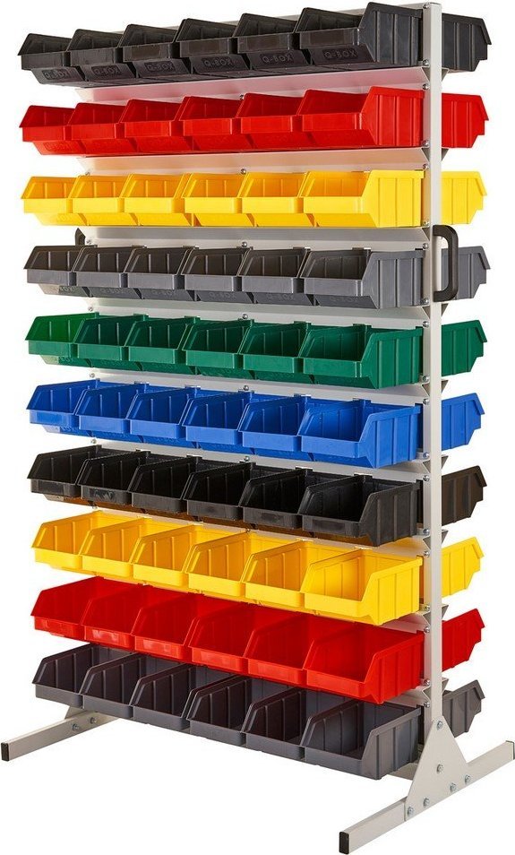 qBox Regał do pojemników warsztatowych, dwustronny. Wym: 1610x940x650mm 120 pojemników (Regał z pojemnikami)