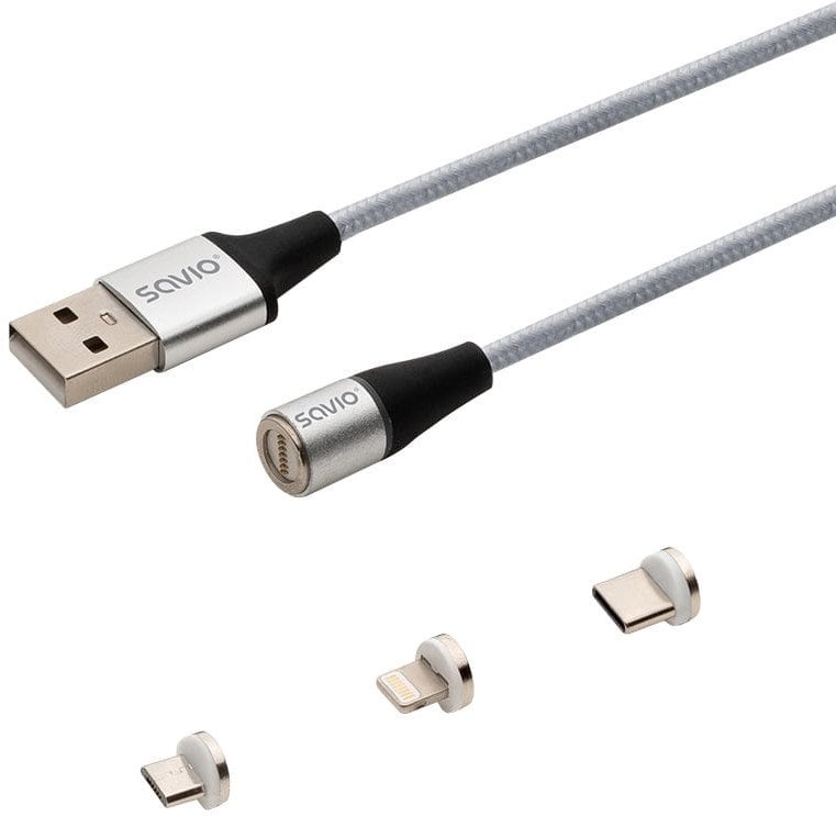 Kabel USB Savio USB-A - USB-C + microUSB + Lightning Srebrny Magnetyczny (CL-156)