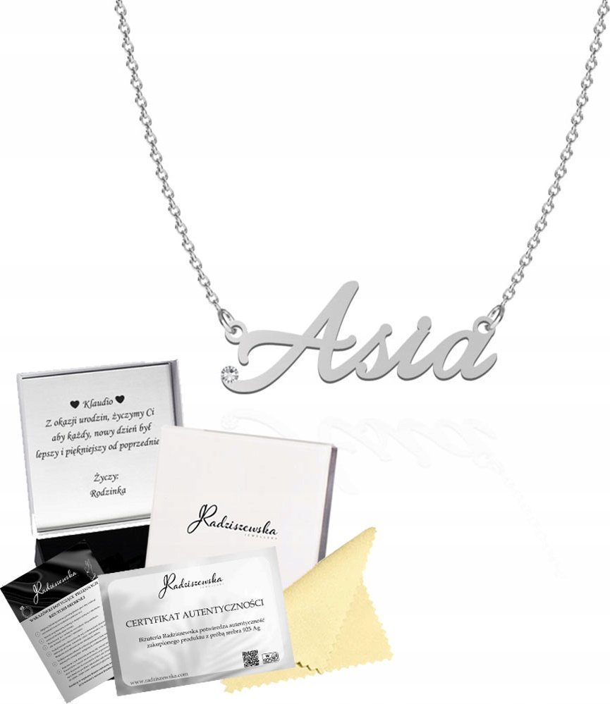 Radziszewska Jewellery Naszyjnik Srebrny z imieniem ASIA Łańcuszek Kobieta Prezent ŻYCZENIA