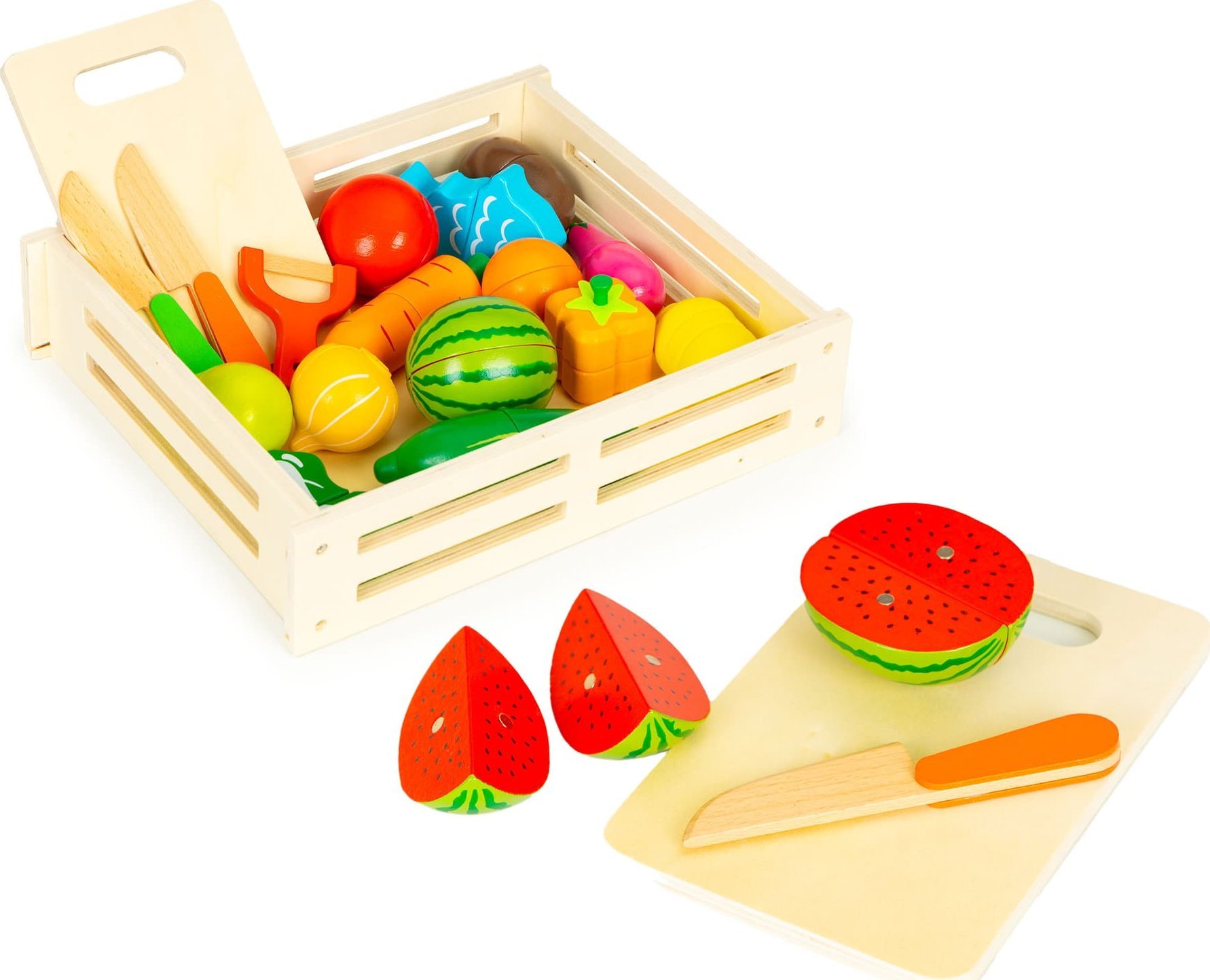 Multistore Drewniane warzywa i owoce do krojenia drewniana skrzynia + 17 elementów
