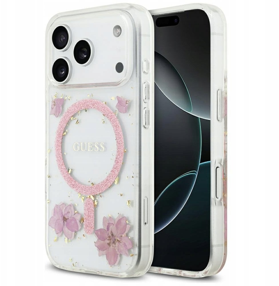 Etui Guess Resin Flowers Glitter MagSafe do iPhone 17 Pro różowy