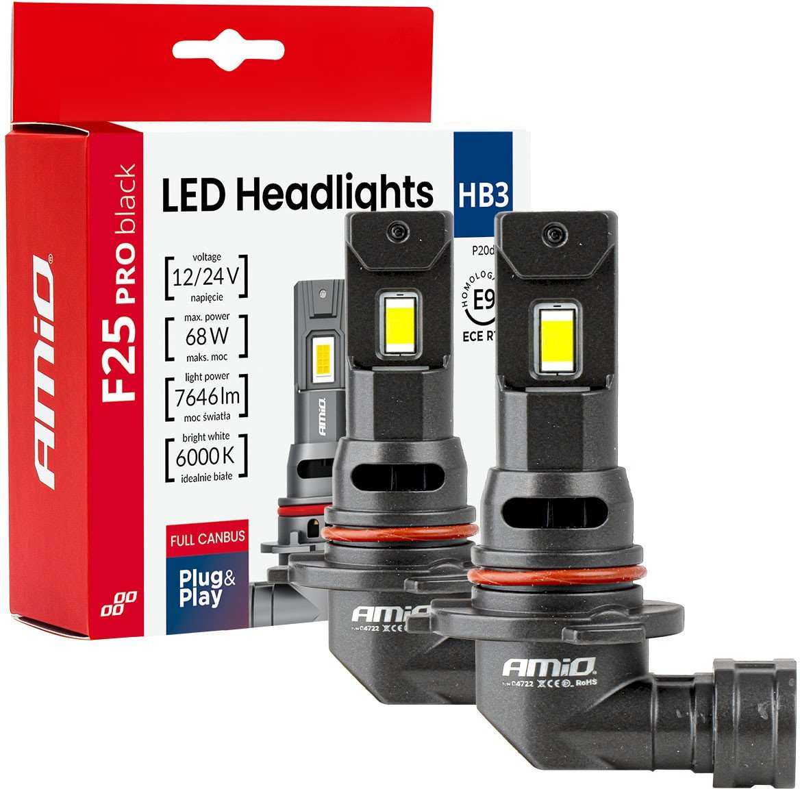 Żarówki samochodowe led seria f25 pro black full canbus hb3 68w 12v 24v amio-04722