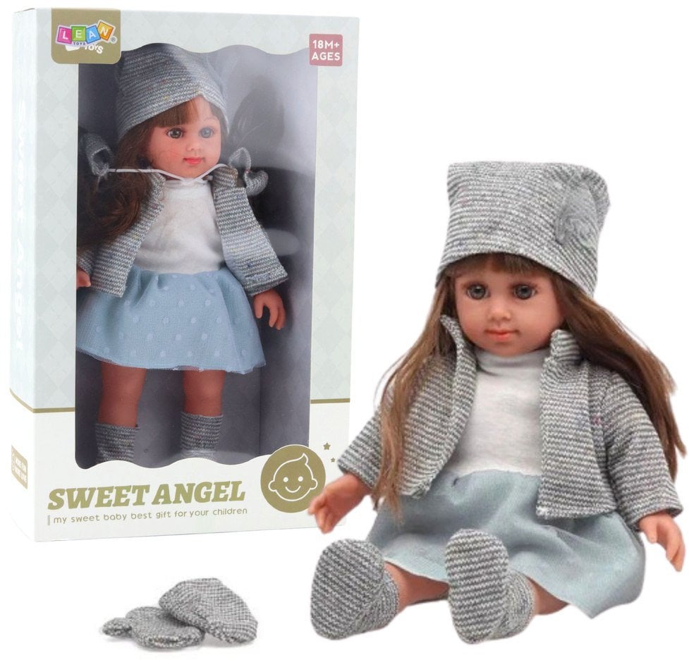 LeanToys Lalka W Niebieskiej Sukience Czapeczka Sweterek Rękawiczki Czapka 36,5cm