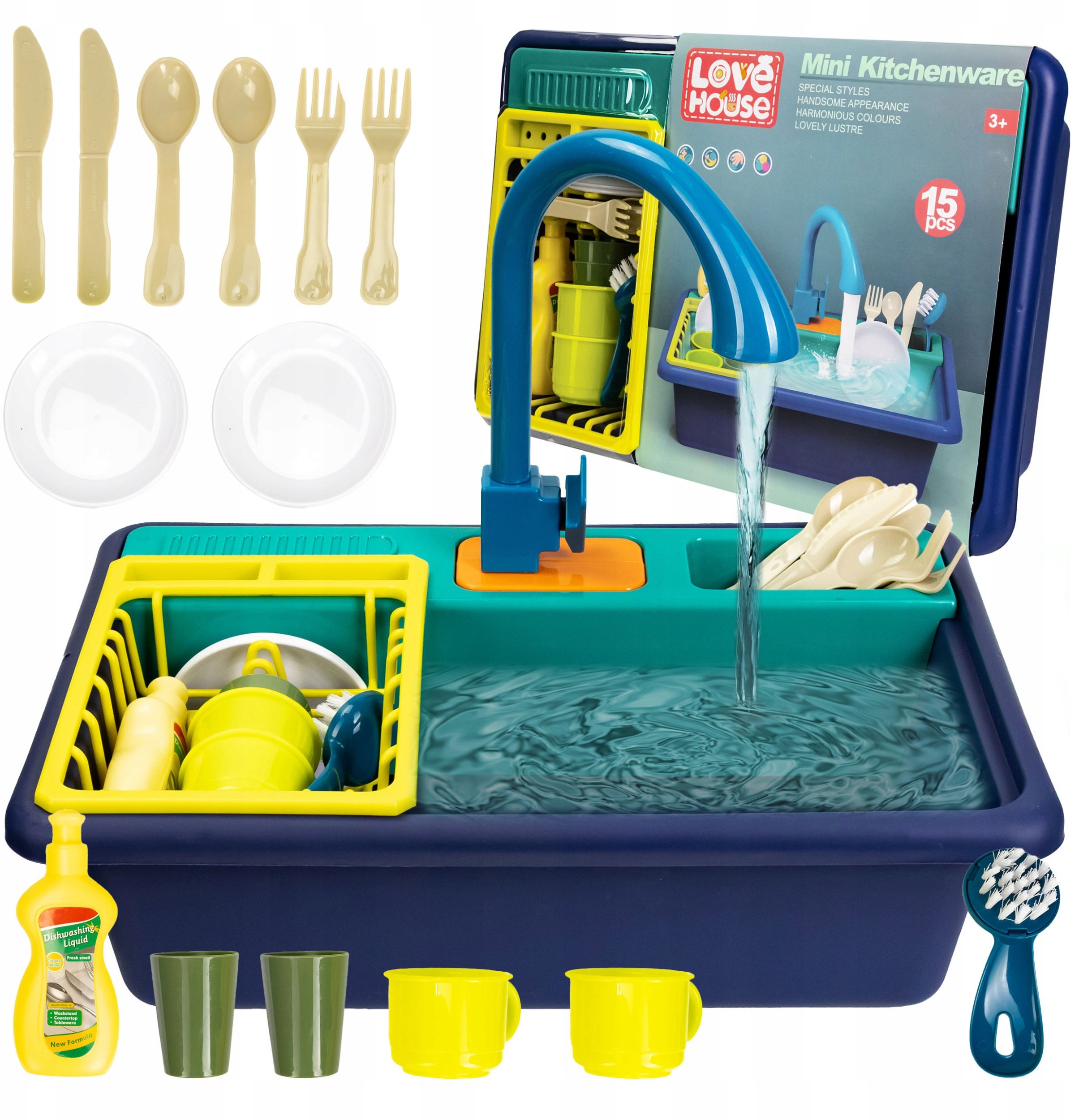 Zlewozmywak Zlew Dla Dzieci Kran Z Wodą Naczynia Sztućce Akcesoria Zestaw