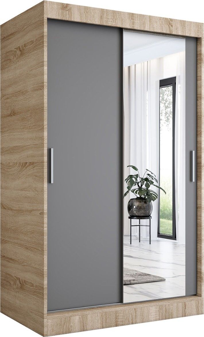 MKPOL Szafa przesuwna MODUO COMFORT 120 dąb sonoma/antracyt z lustrem po prawej