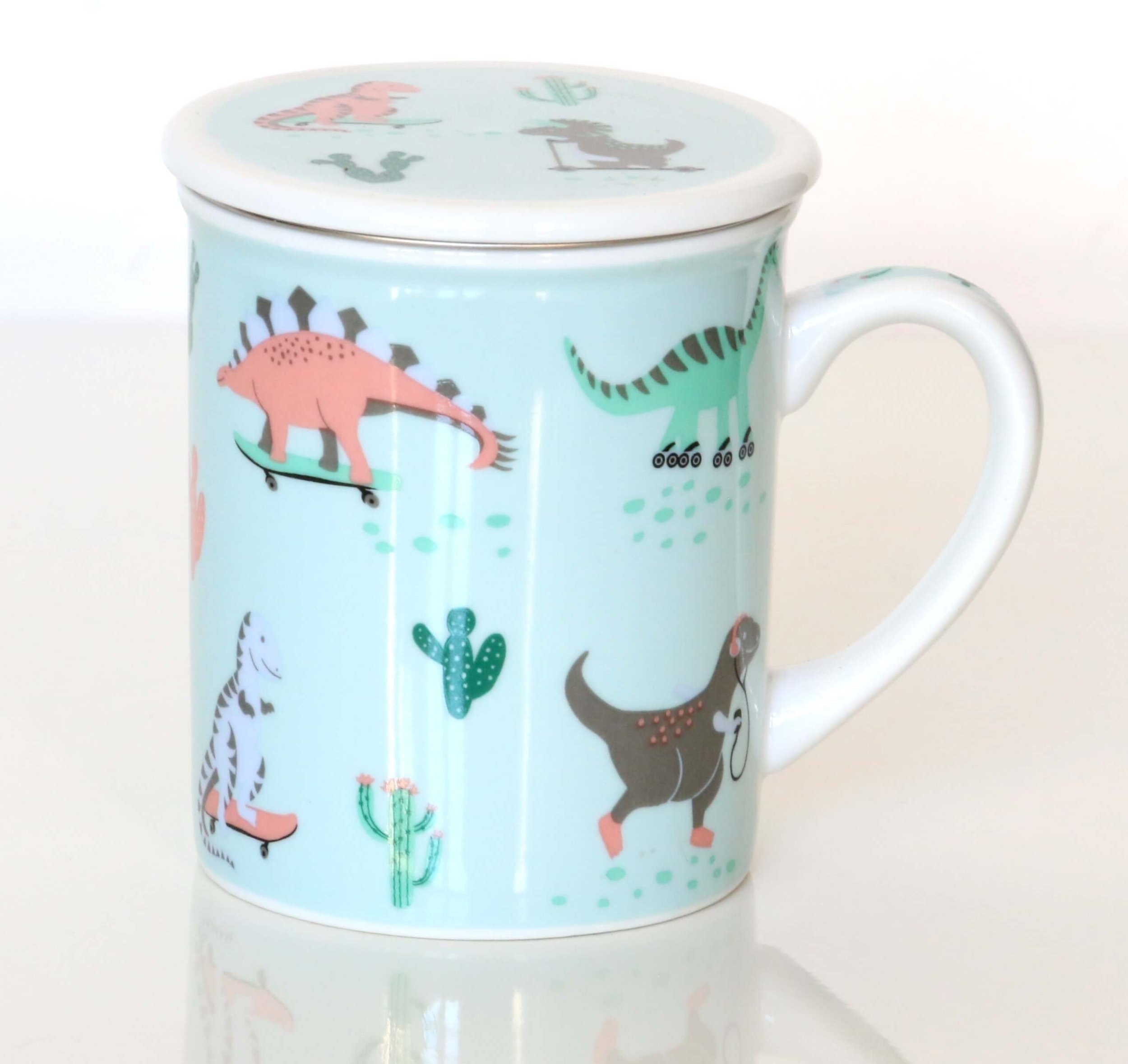 Kubek DINOZAURY z zaparzaczem i pokrywką - uroczy gadżet zestaw do parzenia herbaty prezent podarunek dla dzieci i wnuków