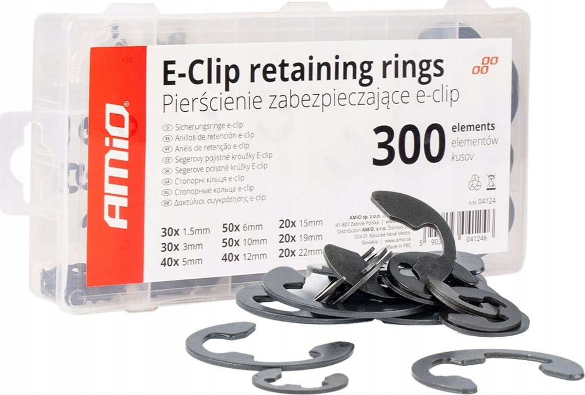 Pierścienie segera e-clip zabezpieczające wewnętrzne zestaw 300 szt. amio-04124