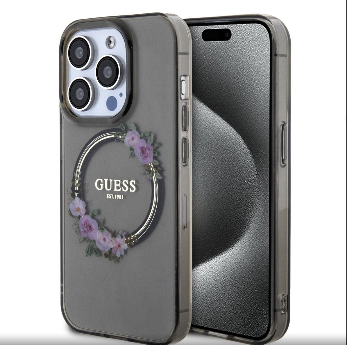 Guess Pc/Tpu Flowers Ring Glossy Logo Magsafe Case For Iphone 13 Pro Czarne