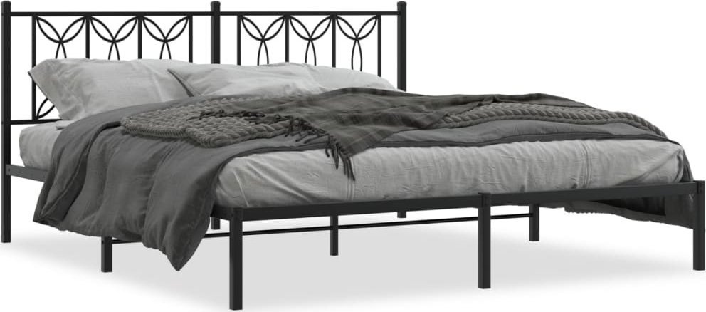 Metalowa Rama Łóżka Z Wezgłowiem, Czarna, 183X213 Cm