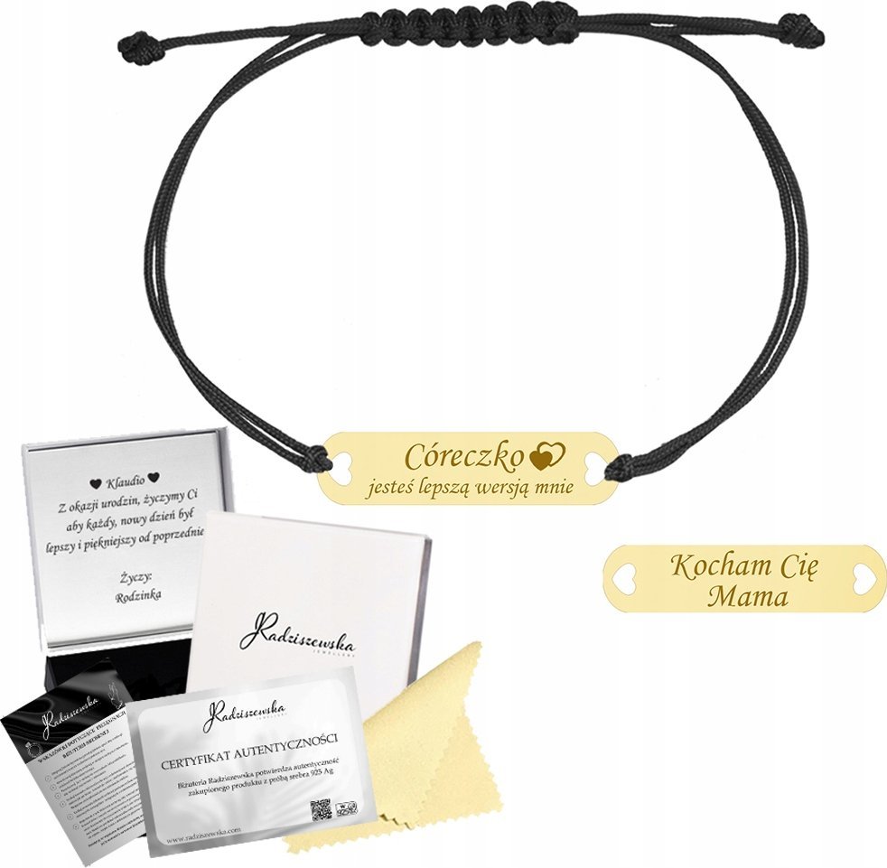 MEJK Jewellery Bransoletka Złota dla Córki Blaszka Srebro 925 Grawer Sznurek Prezent