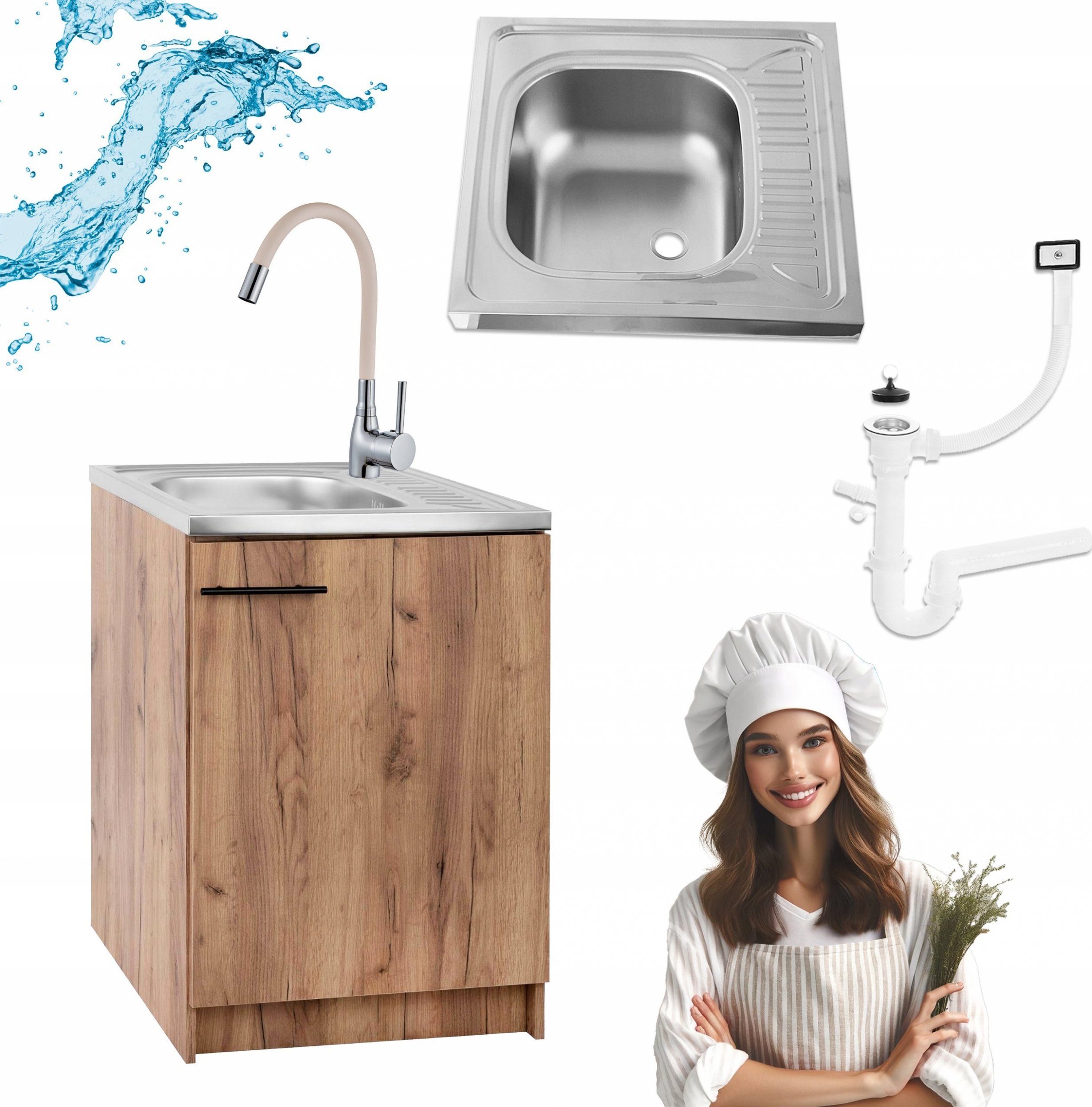 Stamar Szafka Kuchenna Dąb Złoty 60 x 50 Zlew Deante Syfon Bateria Elastyczna Beż