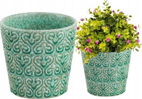 Polnix Osłonka na kwiaty ceramiczna zielona ozdobna 14 x 13 cm