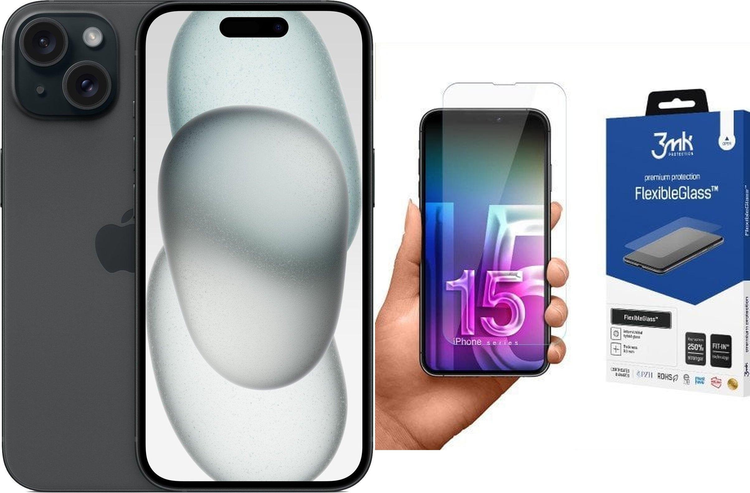 Smartfon Apple iPhone 15 256GB Black (MTP63) + FlexibleGlass