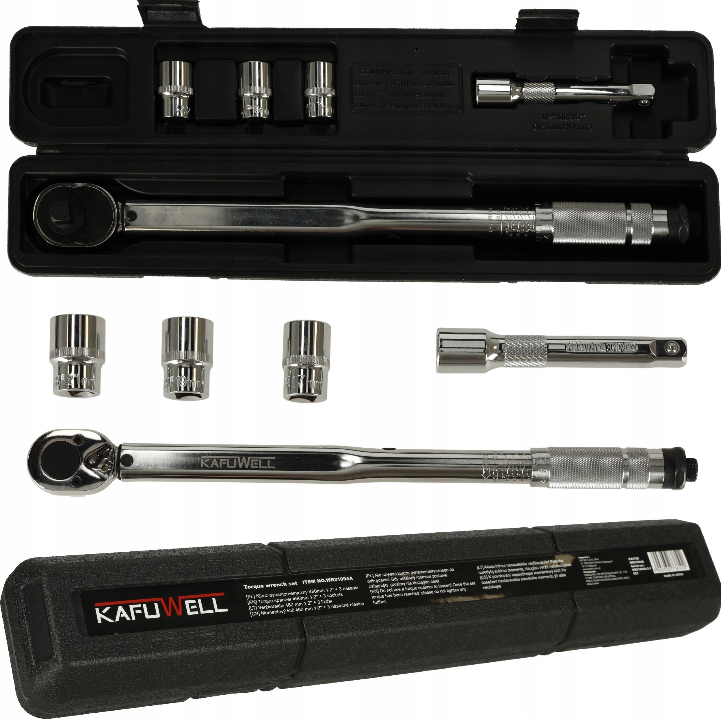 KIK Klucz dynamometryczny 460mm 1/2'' + 3 nasadki 17-21mm 40-210Nm blokada + walizka etui
