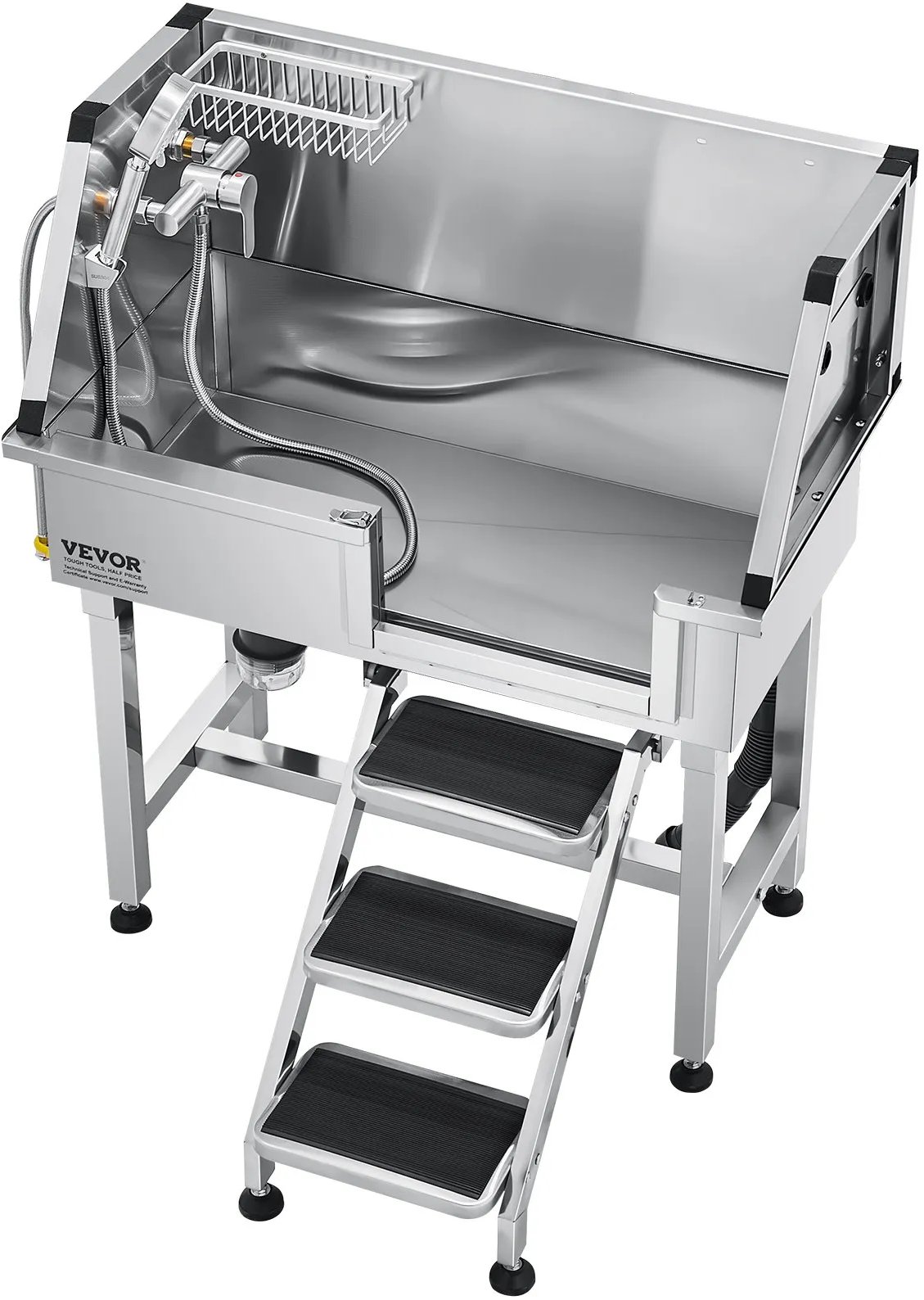 Wanna groomerska dla psa 86 cm stal nierdzewna ze schodkami i prysznicem