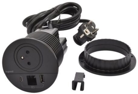 Legrand Meblowe gniazdo DISQ 80 2p+z USB A+C wyjście kablowe 2,0 m czarny 654707