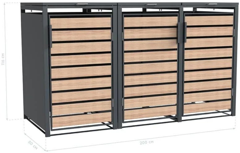 Metalowy pojemnik na śmieci Lacina | 3x240 Dł. | Wygląd antracytu/drewna | 80x200x116 cm