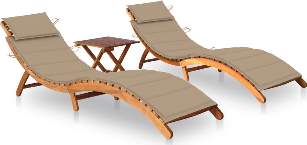 vidaXL Leżaki z poduszkami i stolikiem, 2 szt., lite drewno akacjowe