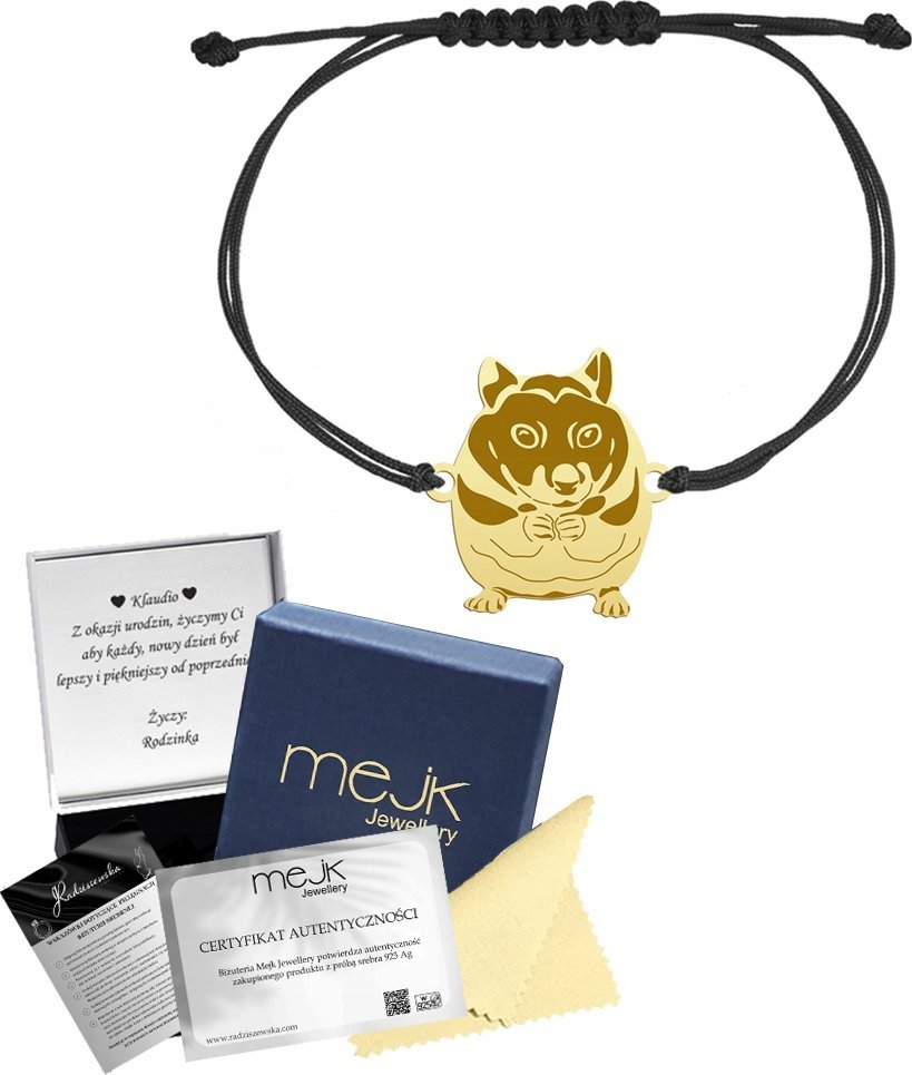 MEJK Jewellery Bransoletka Złota Chomik Sznurek Prezent SREBRO 925 Dziecko DEDYKACJA