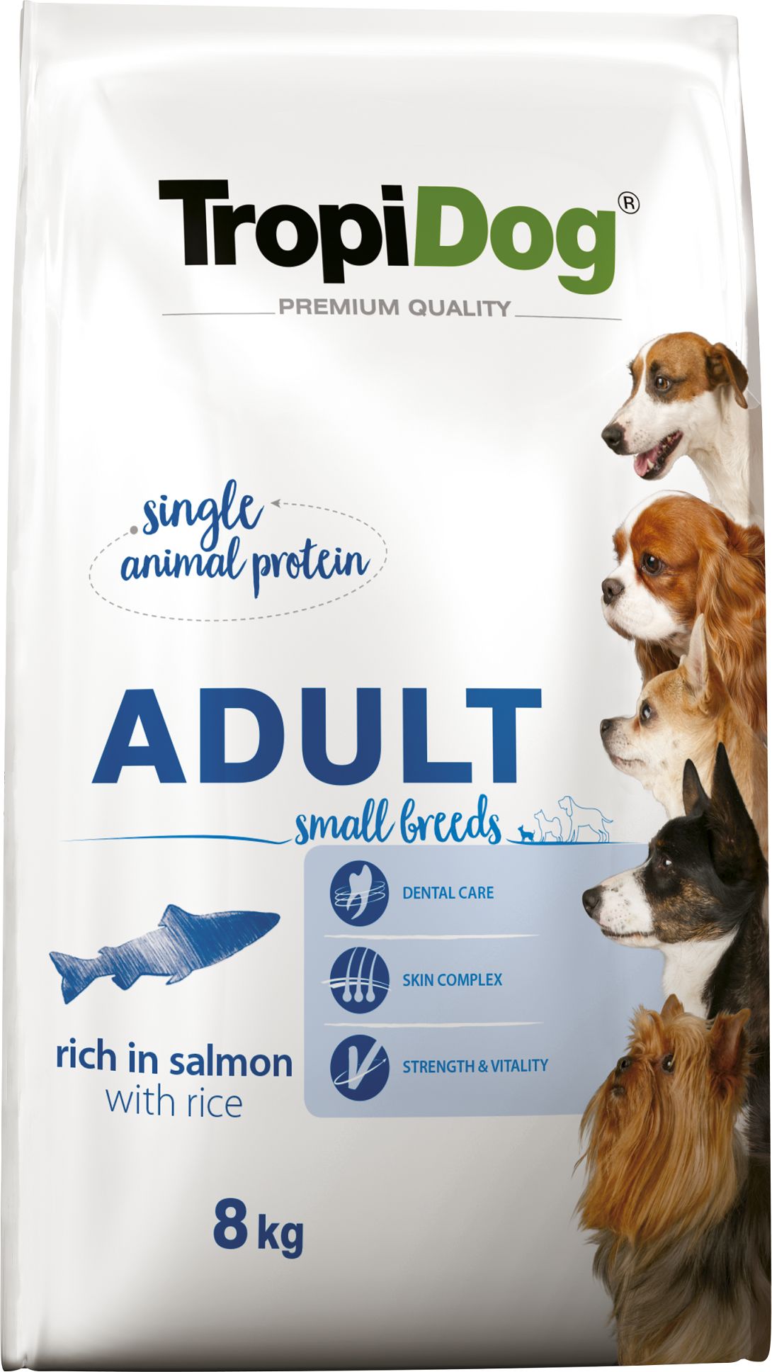 TropiDog TROPIDOG Premium Adult Small Breeds bogaty w łososia i ryż 8kg