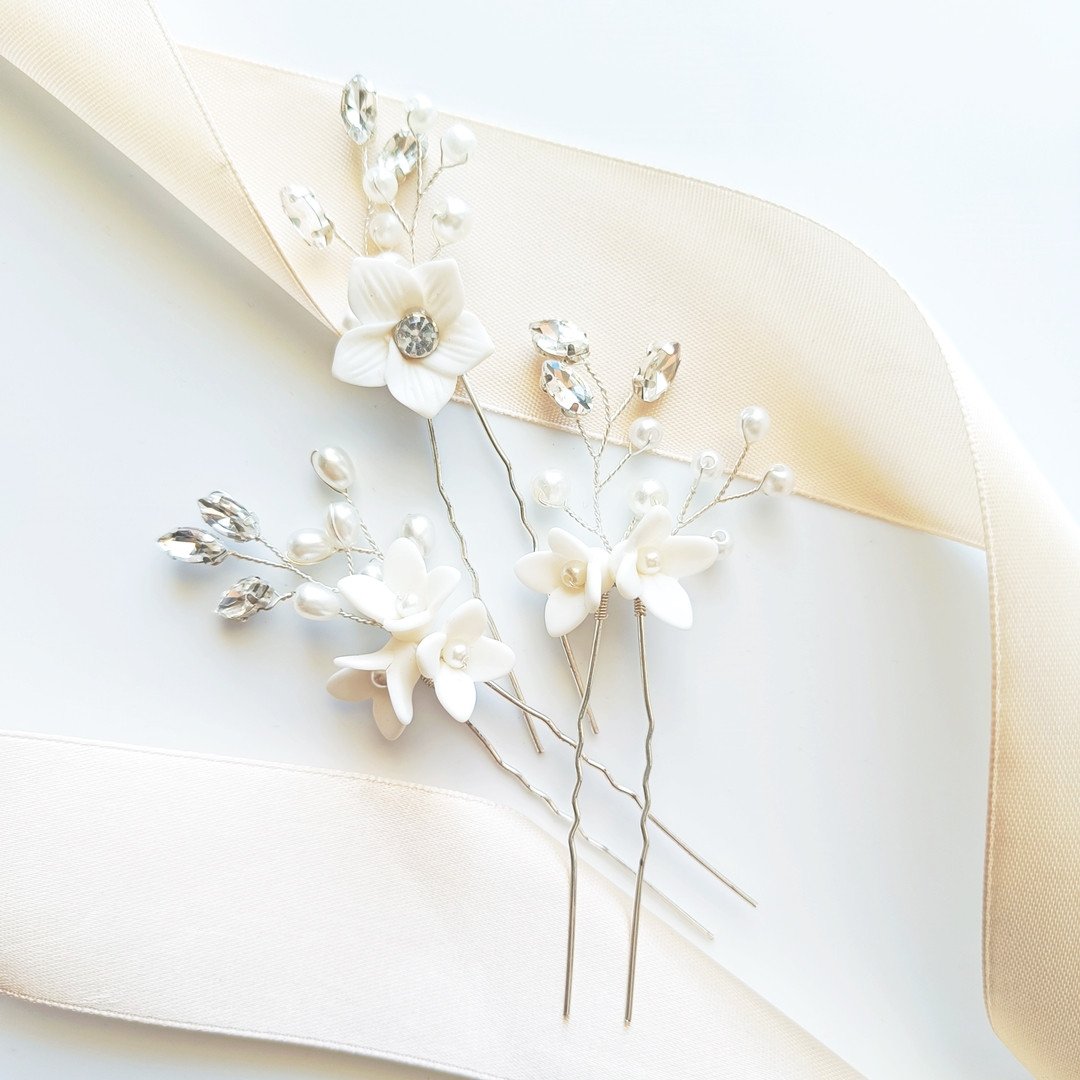 Komplet srebrnych wsuwek szpilek kokówek ozdób do włosów kwiatowych na ślub