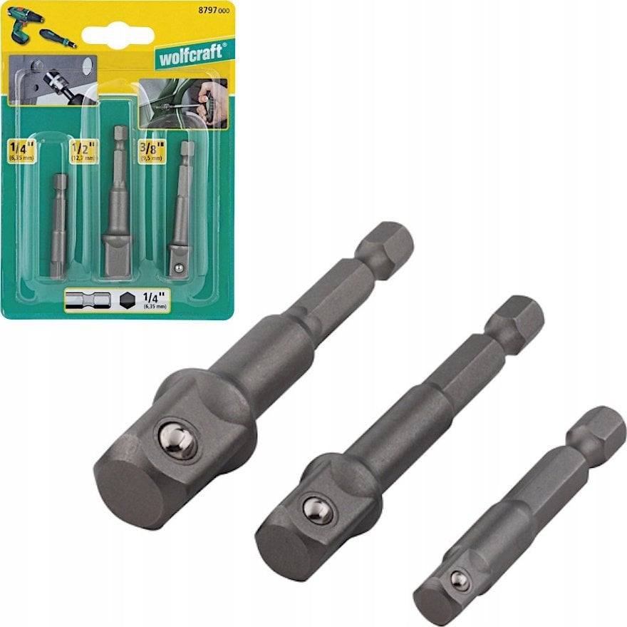 Wolfcraft 1 zestaw 3 adapterów do kluczy nasadowych 1/2 , 3/8 cala, 1/4 cala, trzpień 6-kątny
