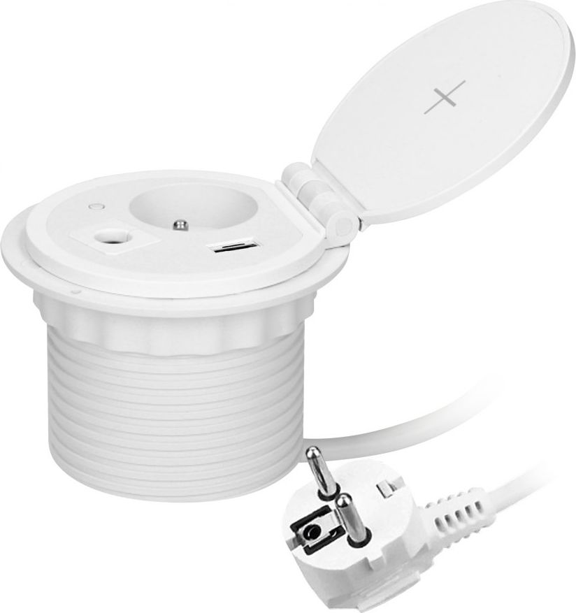 Orno Gniazdo meblowe ?8cm wpuszczane w blat z ładowarką indukcyjną, ładowarką USB z 2 gniazdami A i C, przelotką kablową i przewodem