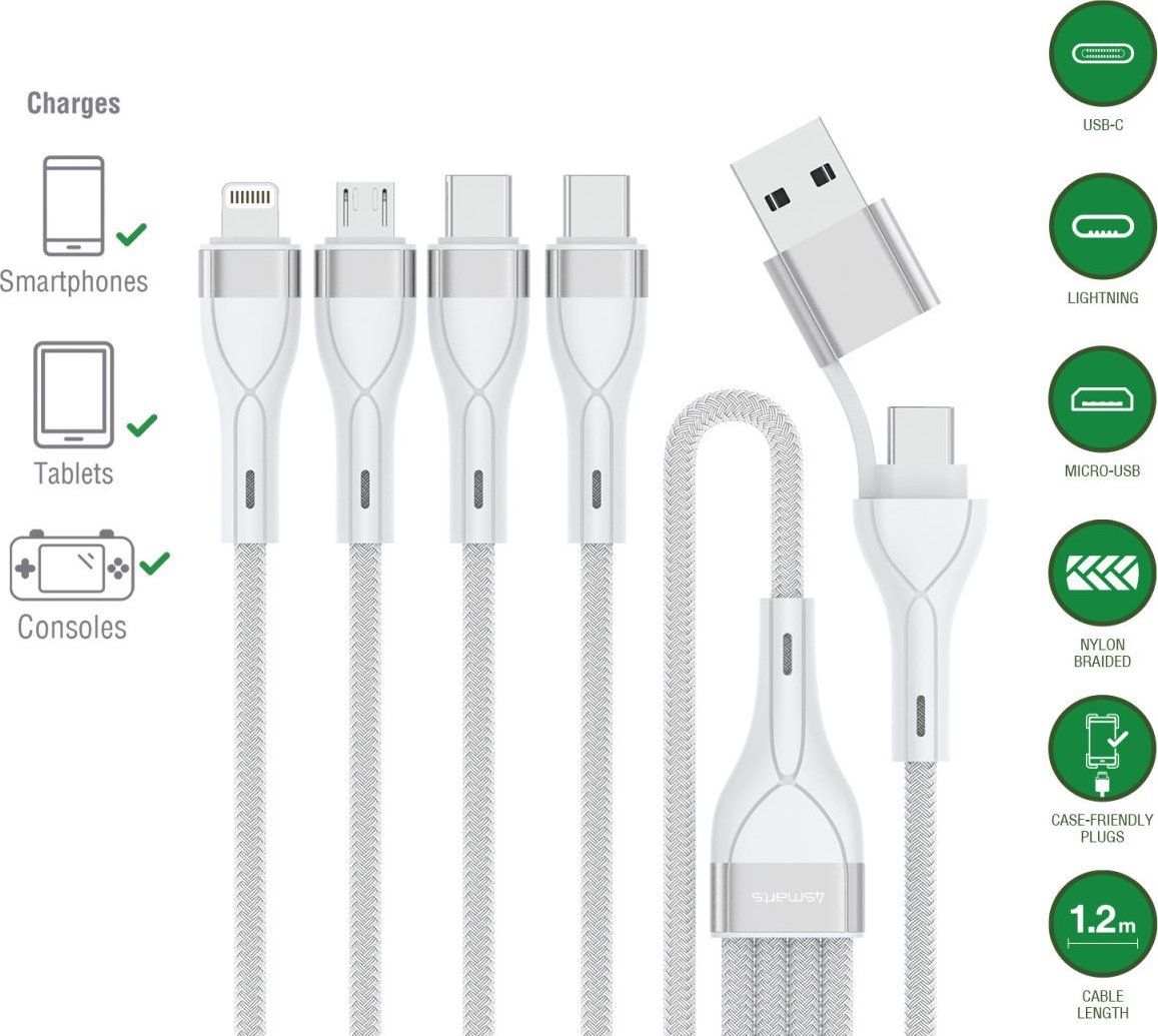 Kabel USB 4smarts USB-A + USB-C - 2x USB-C + Lightning + microUSB 1.2 m Biały (541024)