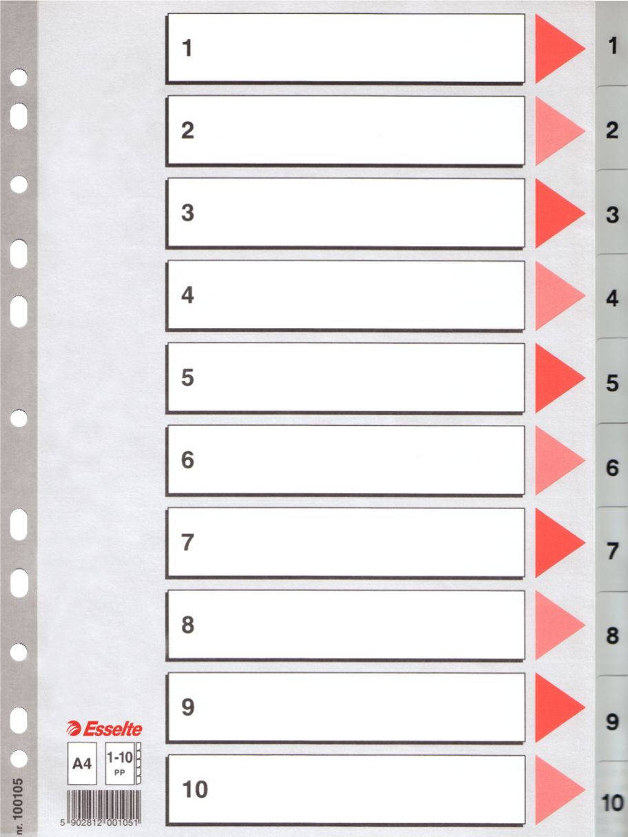 Esselte PRZEKŁADKI 1-10 PLASTIKOWE ESSELTE PP A4 NUMERYCZNE SZARE