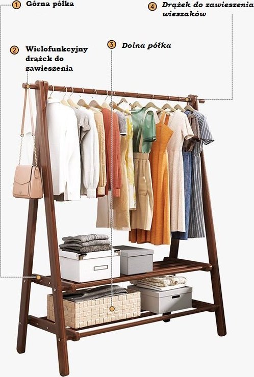 Hedo Bambusowy wolnostojący trapezowy wieszak na ubrania z 2-poziomowymi półkami, długość 116 cm