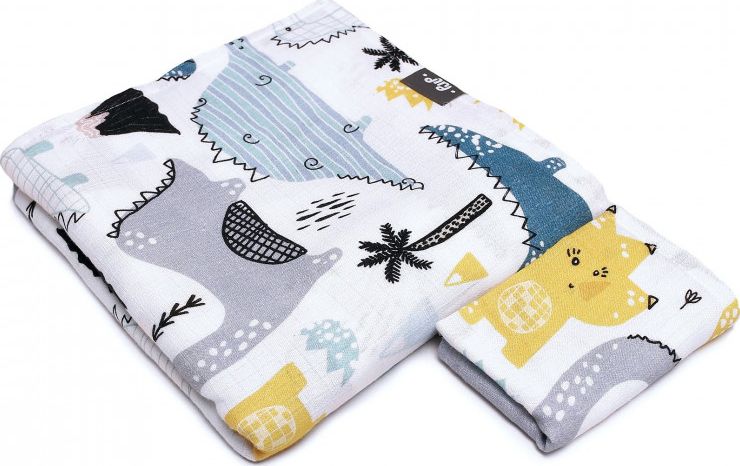 Pulp Otulacz Bambusowy z Antybakteryjnymi Jonami Srebra, Muślinowy ( Dinozaury+pieluszka mała) 35x30 cm