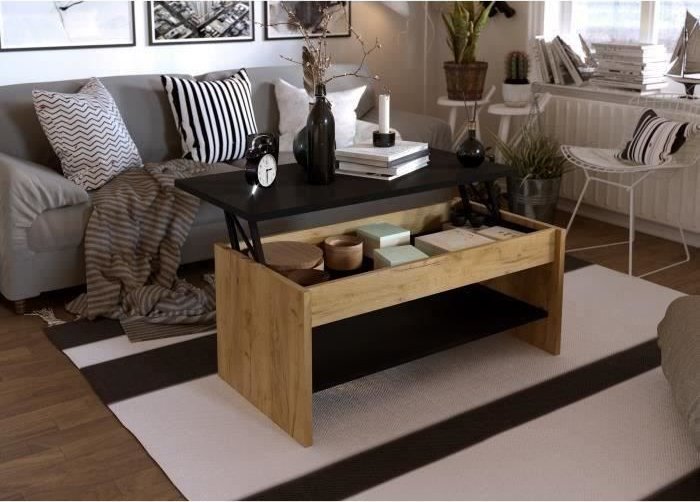 Aucune HAPPY Podnoszony stolik kawowy - Dekor debowy i czarny - dl. 100 x gl. 50 x wys. 44 cm