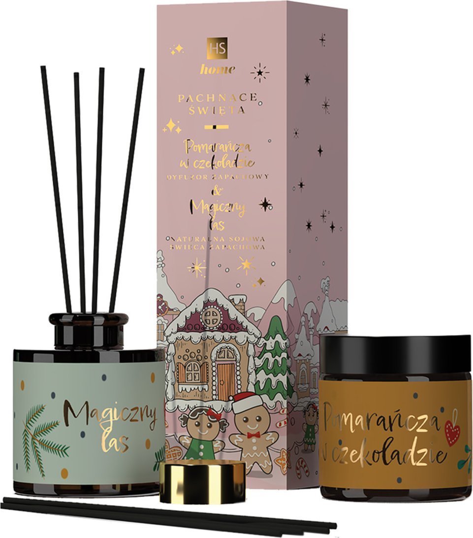 Alkotest HISKIN_SET Pachnące Święta dyfuzor zapachowy Pomarańcza z Cynamonem 80ml + naturalna świeca sojowa Magiczny Las 100ml