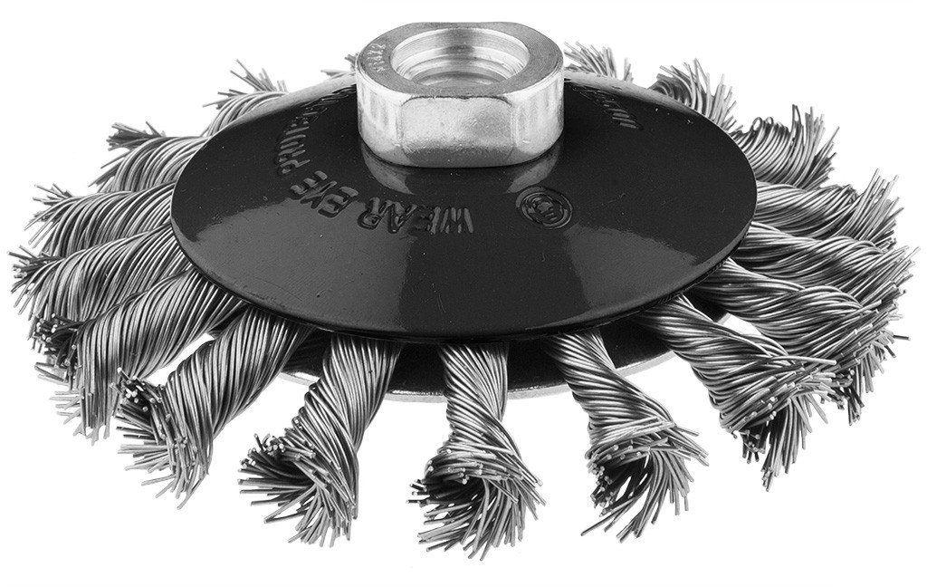 Szczotka druciana tarczowa odgięta 100 mm, drut skręcony, INOX, M14