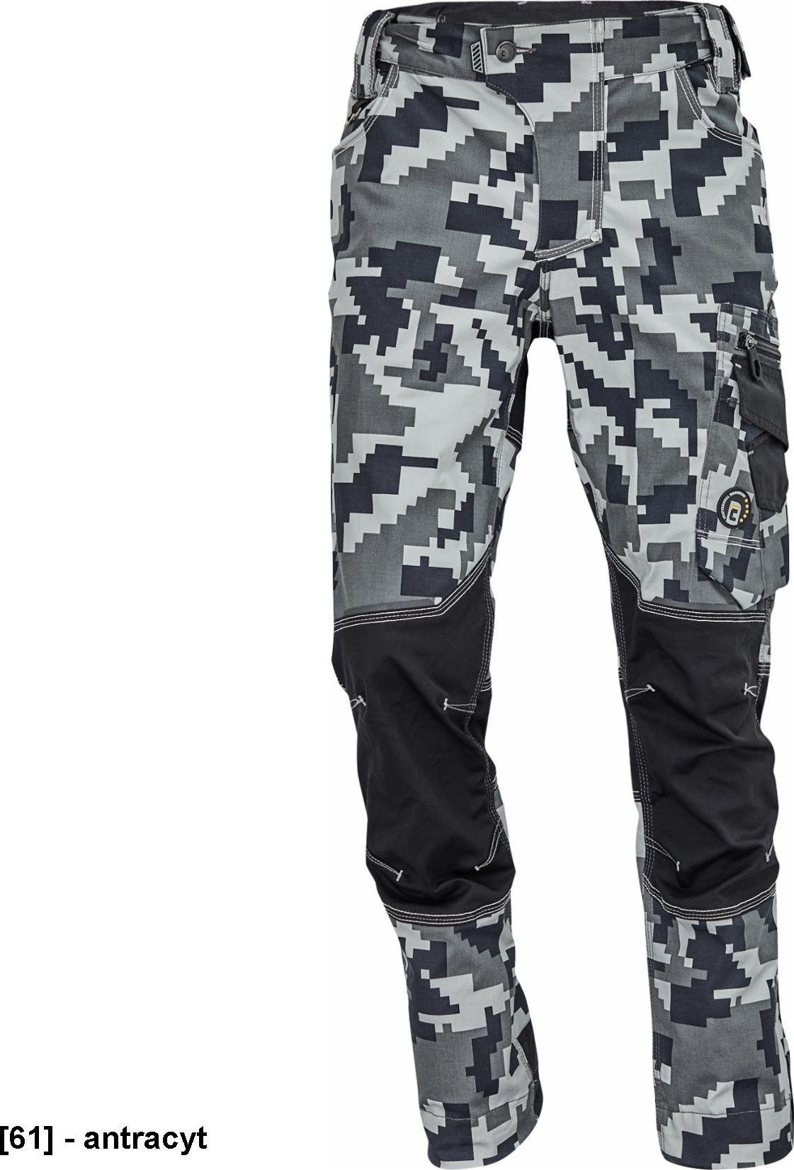 CERVA NEURUM CAMOUFLAGE spodnie - męskie spodnie robocze, 6 kieszeni, elastyczny materiał Trifibetex, nadruk moro, odblaski - antracyt 64