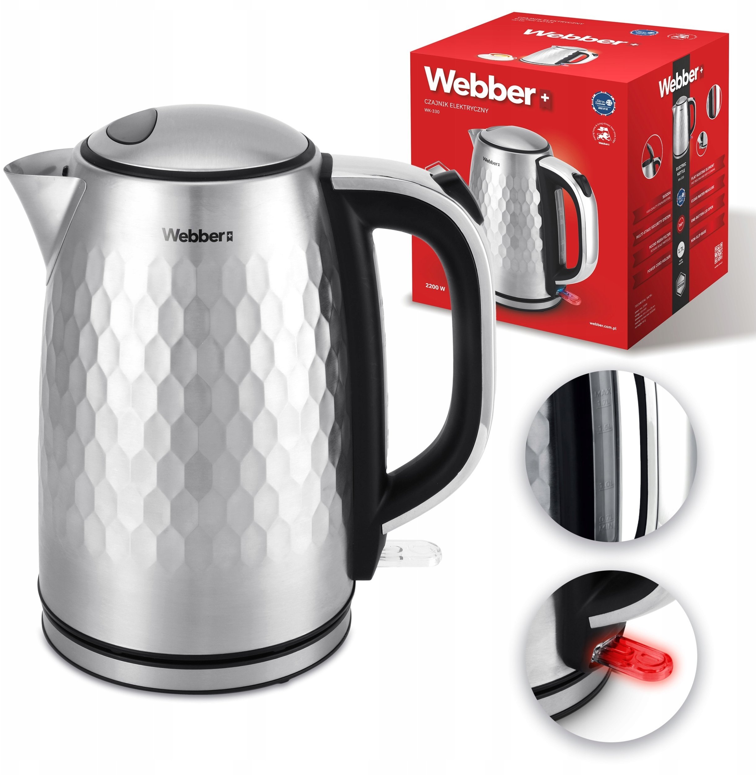 Czajnik elektryczny bezprzewodowe Webber WK-330 2200 W 1,7 l czarny INOX